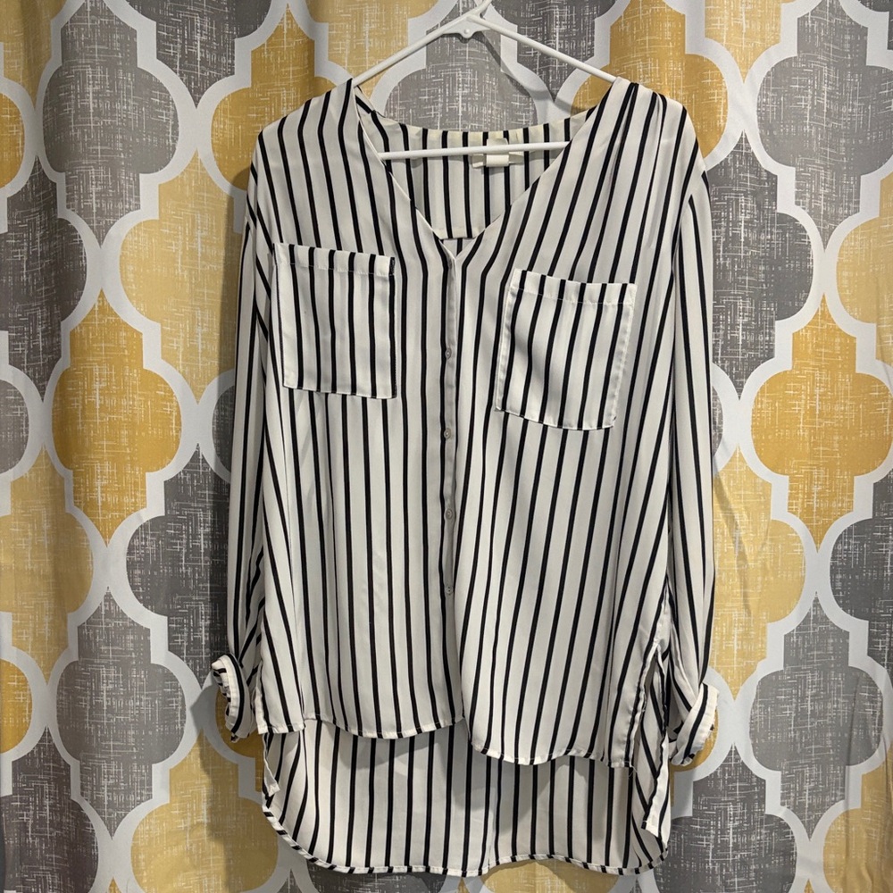 H&M Black and White Vertical Stripe Button-Up Blouse
